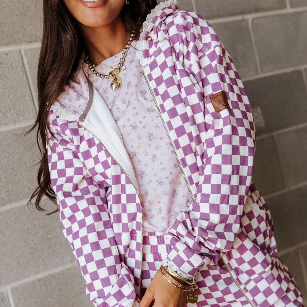AMPERSAND AVE Purple and White Checkered Hoodie